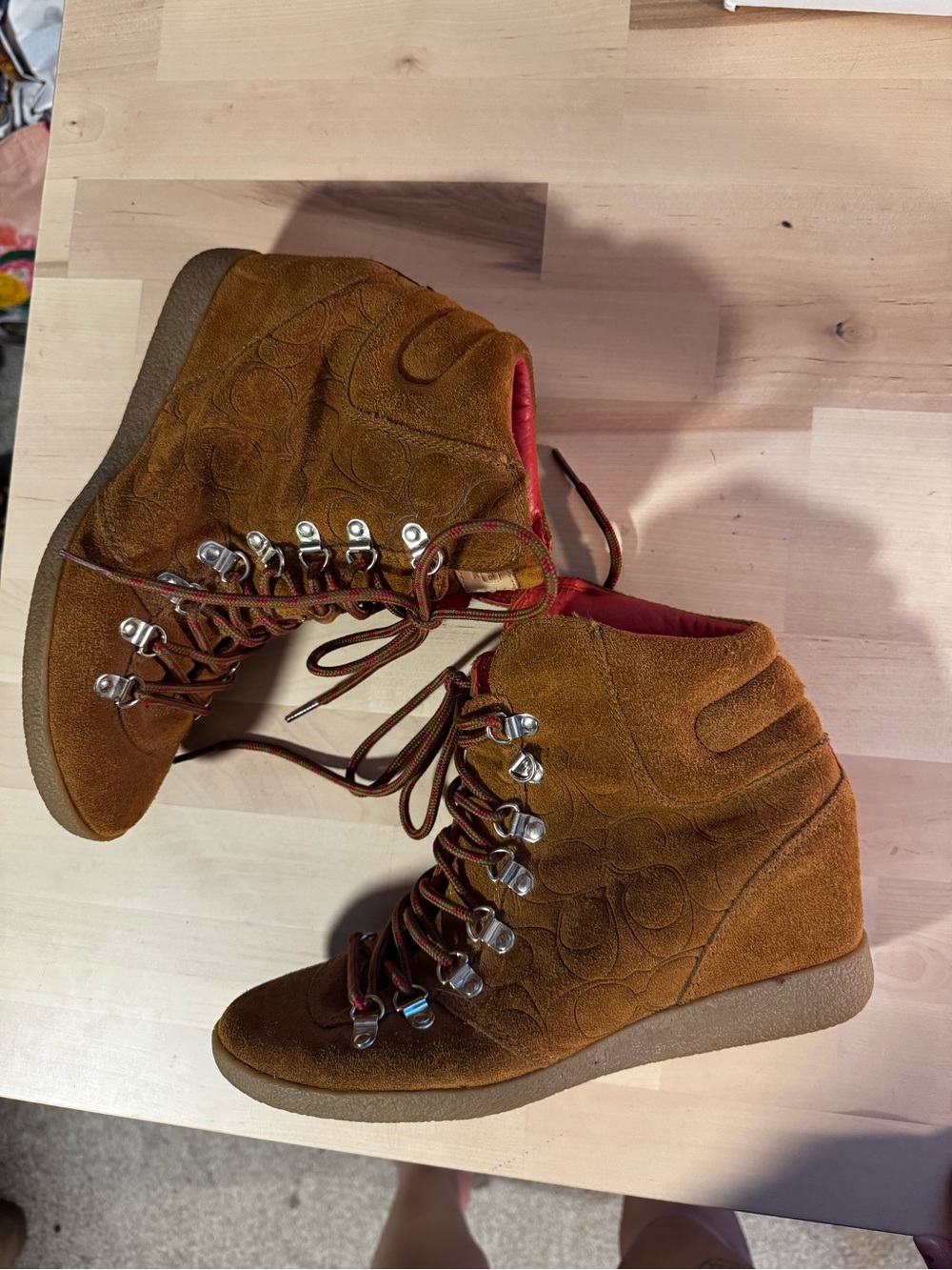 Coach Brown Suede Wedge Hiking-Inspired Boots with Red Lining
